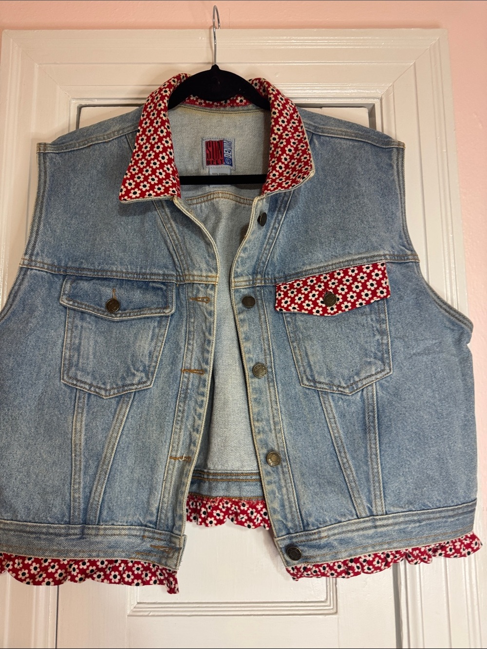 Sunbelt Light Blue Denim Vest with Red Floral Trim